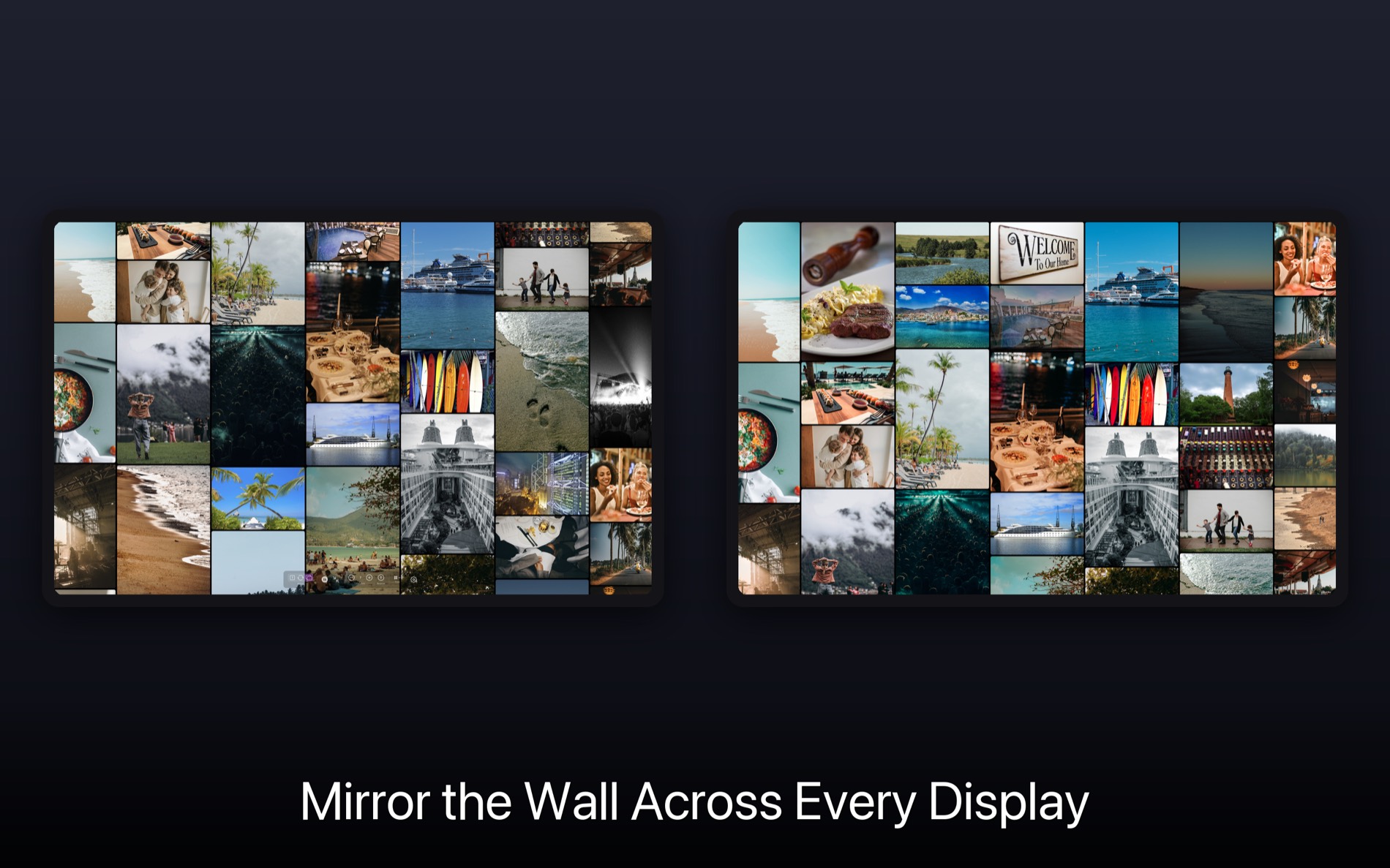 A photo collage mirrored across two displays at an event