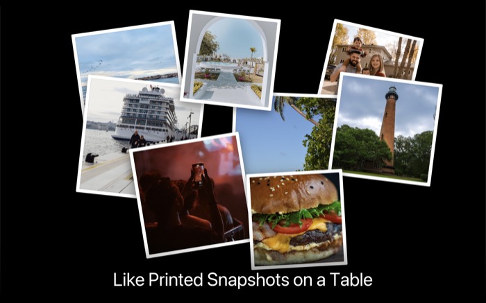 Scatter collage layout — photos tossed across the screen like printed snapshots with white borders